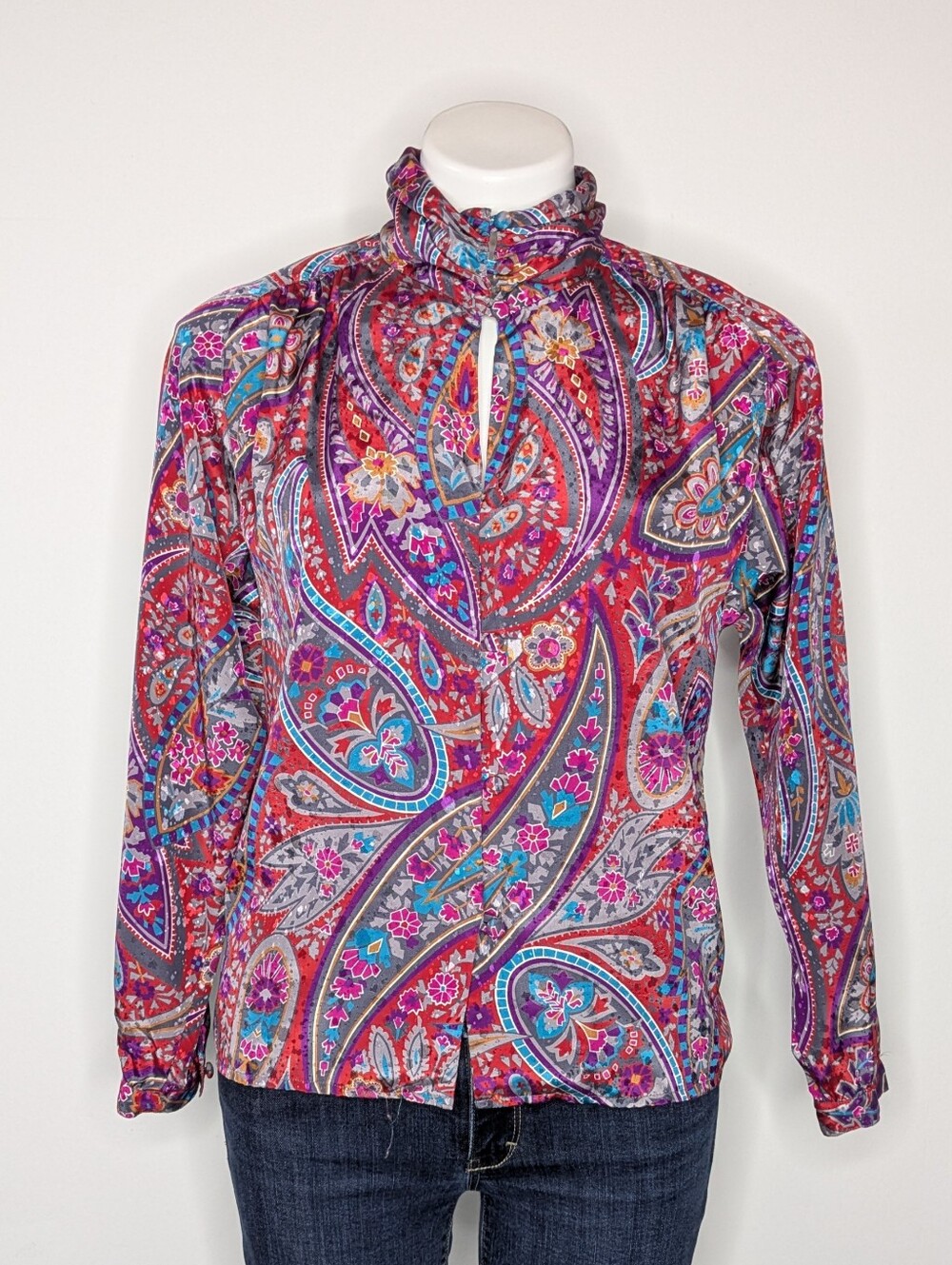 Vintage Simone Alexander Red Purple Paisley Long Sleeve Button Up Blouse 6